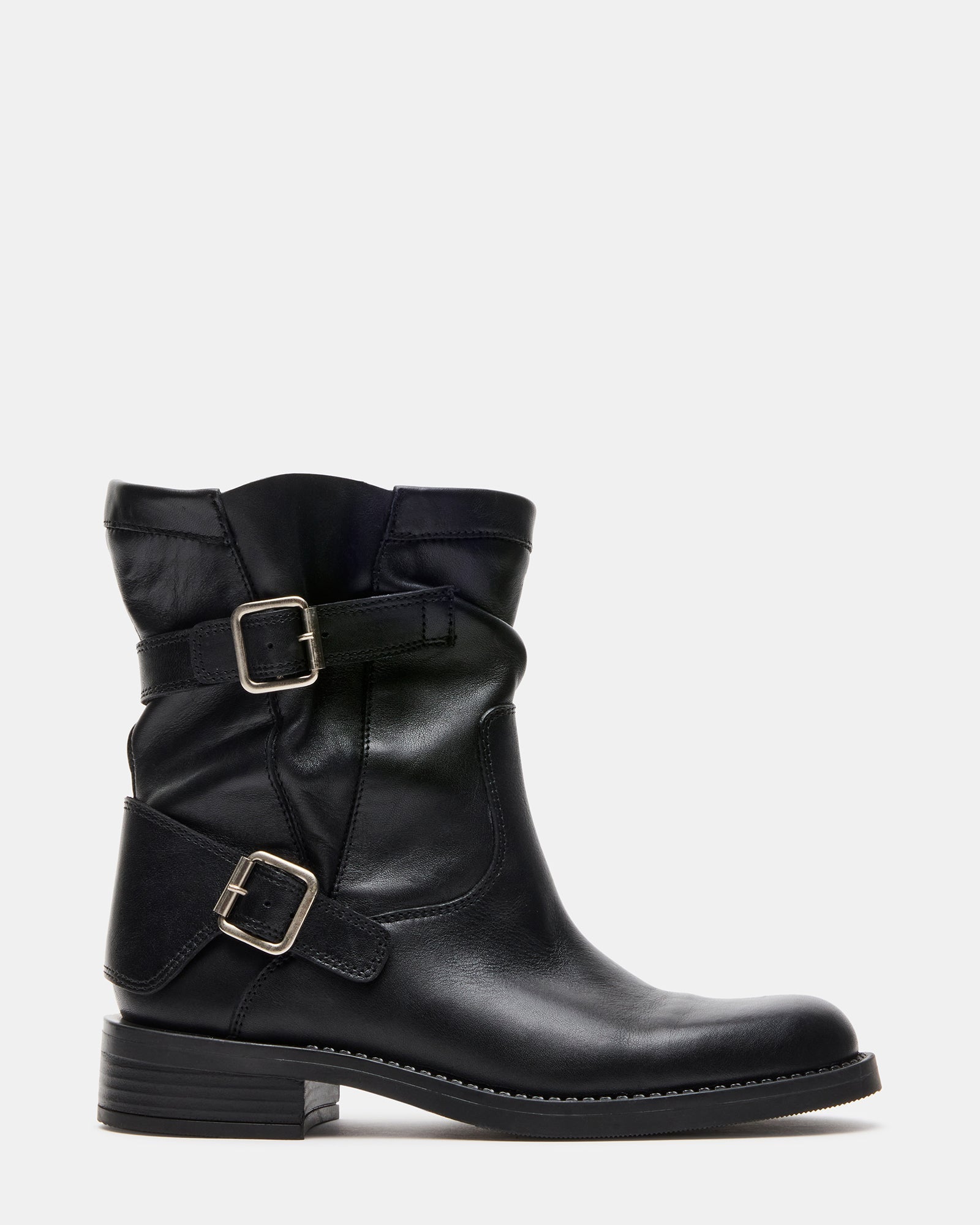 DENIS Black Leather Moto Buckles Women's Ankle Boot | Steve Madden